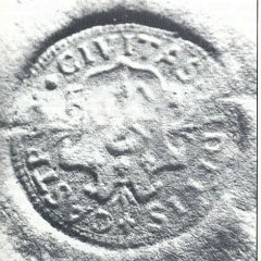 Sigillo della citt� di Castro con leone rampante, gigli farnesiani e scritta circolare 'Castrum civitas fidelis' in un documento del 1570
